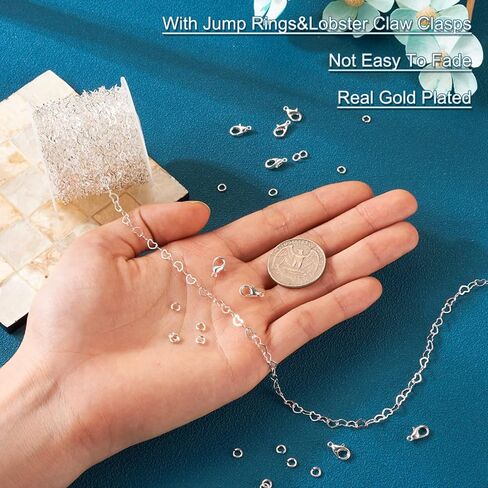 Pandahall 16.4 Feet Brass Heart Link Chains 18K White Gold Plated Heart Chains Soldered Jewelry Chains with 50Pcs Jump Rings Lobster Claw Clasps for Bracelet Necklace Jewelry Making in Saudi Arabia