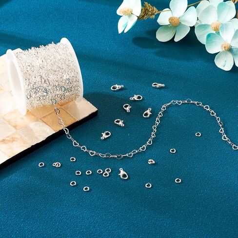 Pandahall 16.4 Feet Brass Heart Link Chains 18K White Gold Plated Heart Chains Soldered Jewelry Chains with 50Pcs Jump Rings Lobster Claw Clasps for Bracelet Necklace Jewelry Making in Saudi Arabia