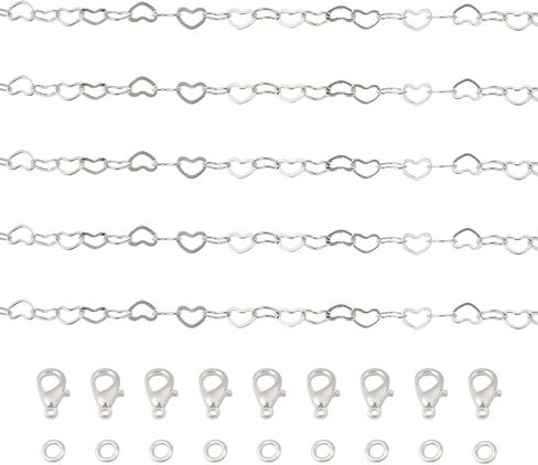 Pandahall 16.4 Feet Brass Heart Link Chains 18K White Gold Plated Heart Chains Soldered Jewelry Chains with 50Pcs Jump Rings Lobster Claw Clasps for Bracelet Necklace Jewelry Making in Saudi Arabia
