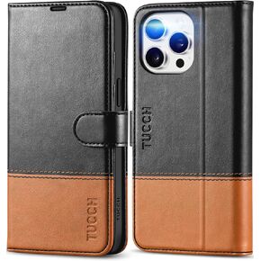 TUCCH Case Wallet for iPhone 15 Pro Max, RFID Blocking 4 Card Holder Kickstand Shockproof TPU Inner Case, PU Leather Magnetic Flip Folio Cover, Black