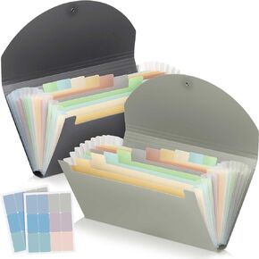 2 Pack 13 Pockets Expanding File Folder and Cover Folder with Labels Mini Expandable File Folder Organizer Wallet Document Organizer for Office, Classroom, Home(Gray, Brown)