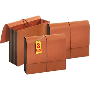1InTheOffice Expanding File Wallet with Flap and Cord Closure, 5-1/4" Expansion, Letter Size, Redrope, 3 Pack