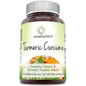Amazing India Turmeric Curcumin 1000 Mg Per Serving | 120 Veggie Capsules Supplement | Blend of Turmeric Powder & Turmeric Extract | Non-GMO | Gluten Free | Made in USA