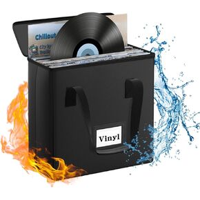 ZOOPIP Fireproof Vinyl Record Storage Box,Water Resistant Small Record Storage Organizer,Collapsible Vinyl Record Storage,Carrying Case with Lid,Holds 30+ Albums-7/12 inch-Black