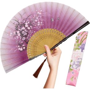 OMyTea Folding Hand Fan for Women - Foldable Chinese Japanese Vintage Bamboo Silk Fan - for Hot Flash, Church, EDM, Music Festival, Party, Dance, Performance, Decoration, Gift (White Bamboo Forest)