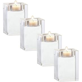 Clear Crystal Candle Holders Solid Square Tea Light Holders, Romantic Elegant Candlesticks Candle Holder for Table Centerpiece Wedding Anniversary Home Decor Candlelight (3pcs 3" 4.7" 6.3")