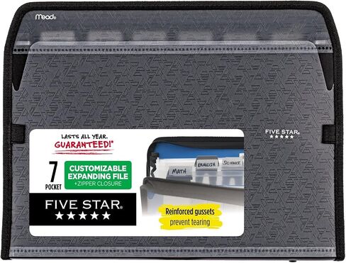 Five Star 7 Pocket Expanding File Organizer, Plastic Expandable File Folders with Customizable Tabs & Clear Cover, Holds 13.75" X10.75", Zipper Closure, Color Will Vary (35170) in Saudi Arabia