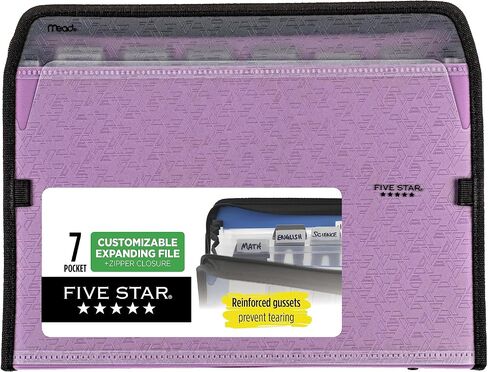 Five Star 7 Pocket Expanding File Organizer, Plastic Expandable File Folders with Customizable Tabs & Clear Cover, Holds 13.75" X10.75", Zipper Closure, Color Will Vary (35170) in Saudi Arabia