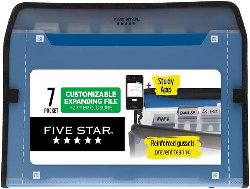 Five Star 7 Pocket Expanding File Organizer, Plastic Expandable File Folders with Customizable Tabs & Clear Cover, Holds 13.75" X10.75", Zipper Closure, Color Will Vary (35170) in Saudi Arabia