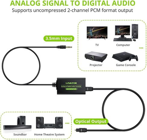 LINKFOR 3.5mm to SPDIF Converter Analog to Digital Audio Adapter for Enhanced Sound Toslink Optical Output 3.5mm to Optical with Optical Cable for TVs, Gaming Consoles, Computers, and projectors etc in Saudi Arabia