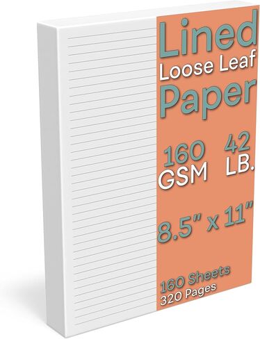 Lined Loose Leaf Paper, 160 GSM Thickness, 160 Sheets/320 Pages, Letter Size (8.5 x 11 inch), 7 mm College-Ruled Spacing, Note-Taking, Calligraphy, Binder Filling, Journaling, White, Unpunched Refill in Kuwait