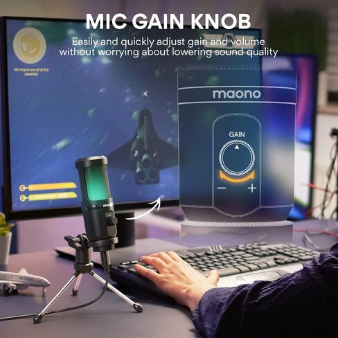 ميكروفون ألعاب MAONO USB للكمبيوتر الشخصي، ميكروفون مكثف للكمبيوتر مع مقبض كسب، ضوء RGB، حامل ثلاثي القوائم للتسجيل والبث والبث، متوافق مع سطح المكتب للكمبيوتر المحمول PS5 PS4 Mac (PM461TR RGB) in Kuwait
