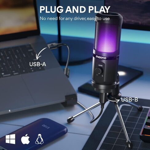 ميكروفون ألعاب MAONO USB للكمبيوتر الشخصي، ميكروفون مكثف للكمبيوتر مع مقبض كسب، ضوء RGB، حامل ثلاثي القوائم للتسجيل والبث والبث، متوافق مع سطح المكتب للكمبيوتر المحمول PS5 PS4 Mac (PM461TR RGB) in Kuwait
