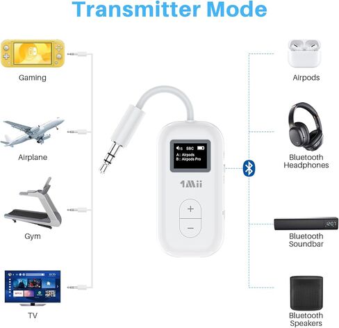جهاز إرسال 1Mii SafeFly مزدوج بلوتوث 5.3 مع شاشة OLED لما يصل إلى 2 سماعات رأس لاسلكية AirPods، جهاز إرسال بلوتوث مع aptX HD/AD/LL، يستخدم مع مقبس صوت 3.5 مم على الطائرات/صالة الألعاب الرياضية/التلفزيون/iPad/الأجهزة اللوحية in Kuwait