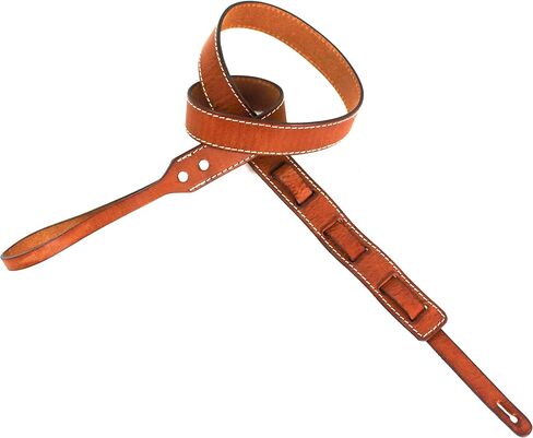 Walker And Williams M-14 Premium Handmade Saddle Tan Thick Grain Leather Loop End Strap With White Stitching For Mandolin, Mandola, Bouzouki or Ukelele Strap A and F Type Mandolins in Saudi Arabia