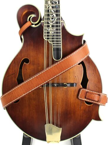 Walker And Williams M-14 Premium Handmade Saddle Tan Thick Grain Leather Loop End Strap With White Stitching For Mandolin, Mandola, Bouzouki or Ukelele Strap A and F Type Mandolins in Saudi Arabia