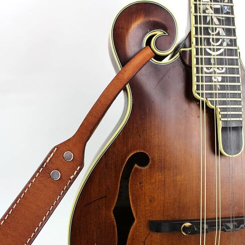 Walker And Williams M-14 Premium Handmade Saddle Tan Thick Grain Leather Loop End Strap With White Stitching For Mandolin, Mandola, Bouzouki or Ukelele Strap A and F Type Mandolins in Saudi Arabia