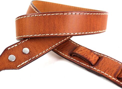 Walker And Williams M-14 Premium Handmade Saddle Tan Thick Grain Leather Loop End Strap With White Stitching For Mandolin, Mandola, Bouzouki or Ukelele Strap A and F Type Mandolins in Saudi Arabia
