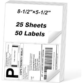 Half Sheet Labels, 8.5 X 5.5 Shipping Labels 2 Per Sheet, Razuvo Labels for Laser and Inkjet Printers, 50 Count Half Page Labels