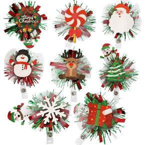 8 Piece Christmas Badge Reel Retractable with Alligator Swivel Clip ID Badge, Cute Reindeer Snowman Christmas Tree Badge for Nurses, Doctors, Teachers, Students, Employees.