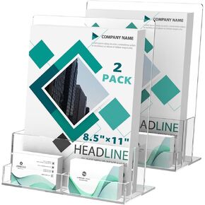 2 حزمة حامل كتيب أكريليك مع حامل بطاقة العمل، حامل كتيب أكريليك شفاف 8.5 × 11 بوصة حامل عرض نشرة بلاستيكية للمجلات والكتيب والكتيبات والقائمة والمجلات والأدب