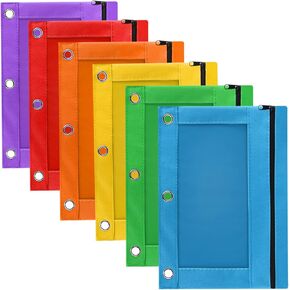حقيبة أقلام رصاص مكونة من 3 حلقات من LURLIN، 6 عبوات من أكياس أقلام بسحاب كبيرة بألوان متنوعة لمستحضرات التجميل واللوازم المدرسية والمكتبية، حافظة أقلام قماشية لحافظة ذات 3 فتحات
