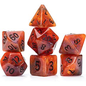 Gate Keeper Games and Dice: Aether Dice: Fireball - 7pc RPG Set, Orange, Smoke & Red Swirled w/ Holographic Glitter, Resin Dice for Role Playing Games