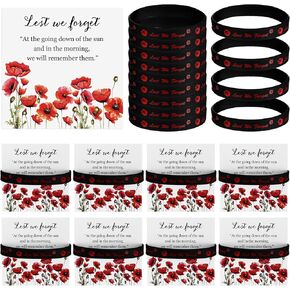 50 Set Veterans Wristband Bracelets Veteran Gifts Red Poppy Veterans Military Bracelets with Card Lest We Forget Silicone Wristband for Men Women Remembrance Day Favors Memorial Gifts Bulk