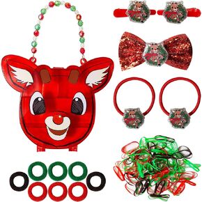 LUV HER Rudolph The Red Nosed Reindeer Christmas Hair Accessory Case for Girls with Hair Clips, Elastics, Bow, and Terries, Ages 3+