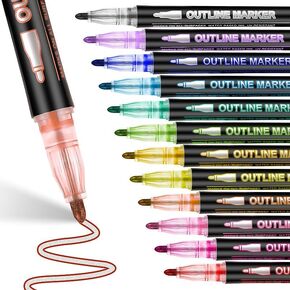 Felixcraft Outline Markers, 12 Colors Double Line Outline Markets Set, Self Outline Metallic Glitter Markers for Greeting Card Making, Art Pens Drawing Markers for Adults