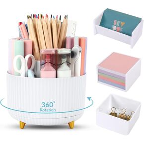 SKYDUE Desk Organizer Set of 4, 360 Degree Rotating Pen Holder, Business Card Holder, Memo Box, Storage Box, Office Desktop Accessories For Women or Men