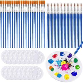 Supkiir 150Pcs Paint Brushes Palettes Set, Including 100Pcs Nylon Painting Brush and 50Pcs Round Plastic Paint Tray Palettes for Acrylic Oil Watercolor Art Paint Party Painting