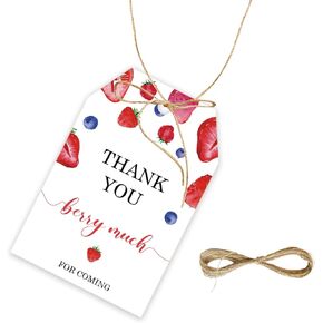 50pcs Strawberry Thank You Tags, Blueberry Party Favors Gift Tag with String for Wedding, Berry Sweet Favor Tags for Girl Birthday Party, Sweet One Party Favors