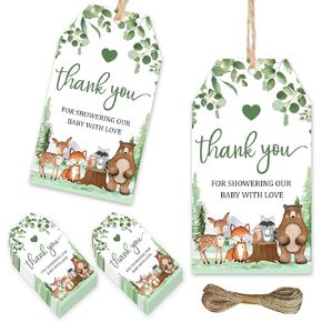 50Pcs Woodland Theme Thank You Gift Tags, Thank You for Showering Our Baby with Love Tags, 2 X 3.5 Inches Green Woodland Theme Birthday Party Baby Shower Party Decorations Thank You Label Party