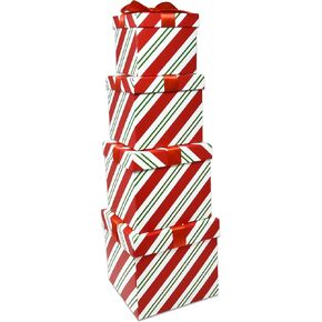 Square Christmas Nesting Gift Boxes with Ribbon Bow Set of 4 Assorted Sizes Stacked Nesting Box with Lids Red & Green Peppermint Candy Cane Striped for Gifts Giving Holiday Decorative Present Wrapping