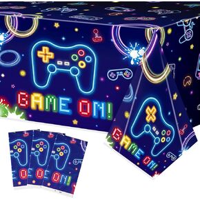3Pcs Video Game Birthday Party Tablecloth Neon Video Game Plastic Table Covers Gaming Birthday Table Decorations Game on Themed Disposable Party Supplies for Dessert Buffet Banquet Table Decor