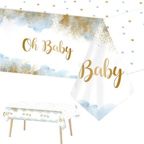 3 Pieces Blue Oh Baby Tablecloth for Baby Shower Decorations Blue Watercolor Cloud Baby Shower Table Cloths for Boy Plastic Disposable Table Covers Baby Shower Table Decorations 108 x 54 Inch