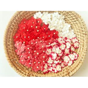 TH Set of 50 Tiny Flower Mixed Tone Red White Embellishment with Thread stem Mulberry Paper Flower Size 0.30"" Very Small Red1 Craft Handmade DIY Scrapbook for so Many Card Craft Projects, MRA1-1