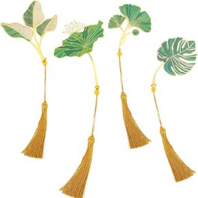 4 Pack Metal Bookmarks with Tassel, Beautiful Flowers Leaf Plant Book Marks Cute Funny Page Markers Gifts for Women Mother's Day Teacher Appreciation Book Lovers (Green)