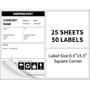 Half Sheet Shipping Labels,8.5" x 5.5" Address Labels for Laser & Inkjet Printers,Self Adhesive Mailing Labels,50 Labels