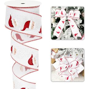 Santa Claus Christmas Wired Ribbon 2.5" X 10 Yards White Red Glitter Santa Print Christmas Tree Ribbon for Topper Bows, Wreath Making, Crafts Making, Garland Supplies