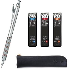 Graph Gear 1000 Mechanical Drafting Pencil + Ain HB/B/2B leads, original Black slim pen case (0.7mm)