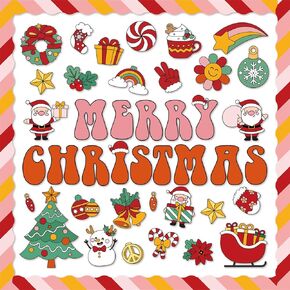 67Pcs Christmas Bulletin Board Decorations,Groovy Christmas Classroom Bulletin Board,Christmas Borders Cutouts,Xmas Tree Bulletin Board Decor For Holiday Party School Classroom Home Office Wall