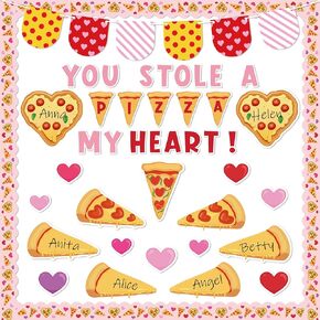 136Pcs Valentine’s Day Pizza Bulletin Board Classroom Decorations Pizza Heart Cutouts Name Tags You Stole A Pizza My Heart Banner Wall Decor for Elementary School Valentines Pizza Party Supply