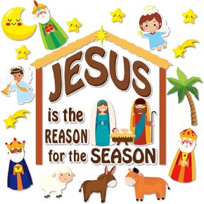 78Pcs Christmas Nativity Cutouts Bulletin Board Decoration Set Jesus Birth Cutouts Bulletin Board Classroom School Decoration Star of David Wise Men Animals Angels Cutouts for Decor