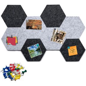 Hexagon Felt Bulletin Board Tiles, 8 Pcs, 8.7 x 7.5 inches, with 20 Pushpins, for Easy Display of Photos Pictures Memos Notices, Felt Wall Tiles for Office Home Classroom (Gray)
