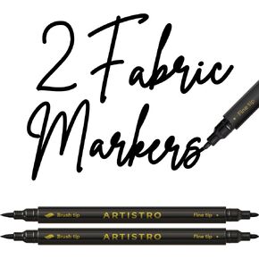ARTISTRO 2 Black Fabric Markers - Dual-Tip Fabric Markers Permanent for Clothes - No Bleed Fabric Pens for T-Shirts, Bags, Textile, Canvas, and more (Brush Tip and Fine Tip)