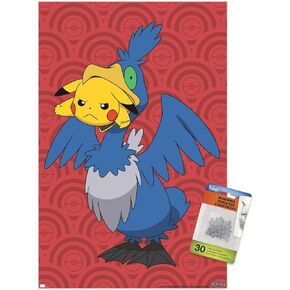 Trends International Pokémon - Pikachu and Cramorant Wall Poster, 14.72" x 22.37", Premium Poster & Push Pin Bundle