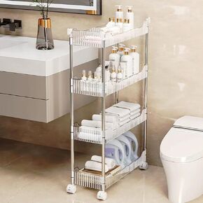 4 Tier Acrylic Storage Rolling Cart Clear Bathroom Cart Organizer, Organization Mobile Shelving Unit Multifunction Rolling Utility Cart with hooks for Office Living Room (Width 6.29 inch)