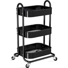 3 Tier Utility Cart, Premium Metal Rolling Cart, Bathroom Storage Carts on Lockable Wheels, Snack Carts with Handle, Multifunctional Book Cart for Living Room, Kitchen, Bedroom, Office, Green